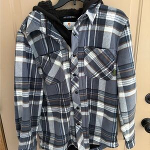 Men's Blue Plaid Shirt with black fuzzy lining with black hood.